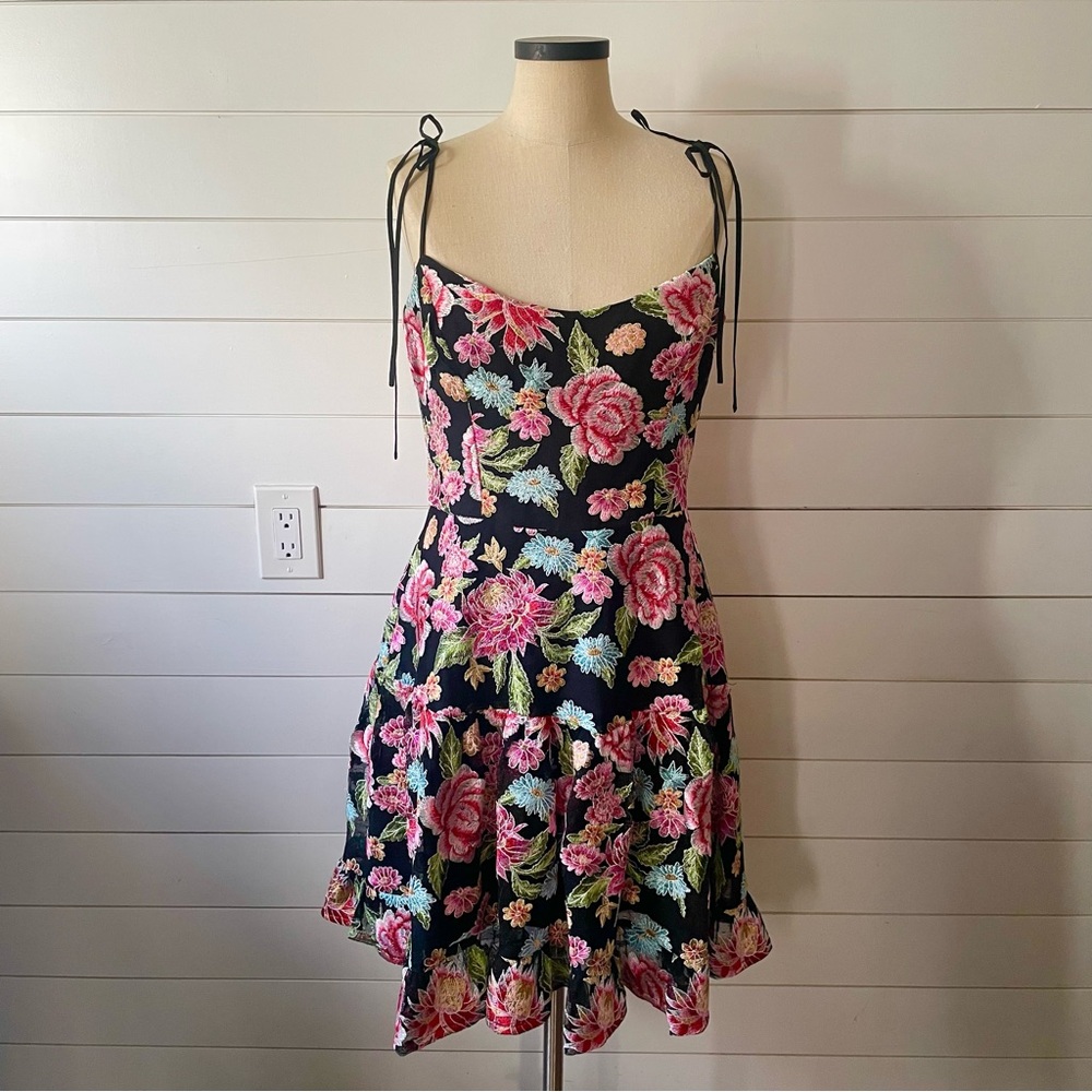 Dress The Population- Floral Black Embroidered Mini Dress- Pink Rose- XL
